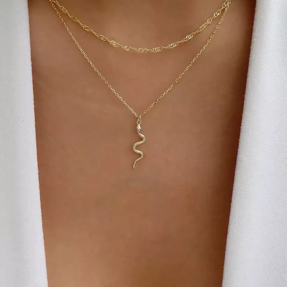 "Double Dare" Diamond Snake Gold Dainty Jeweled Statement Casual Trendy Necklace - Picture 2 of 7